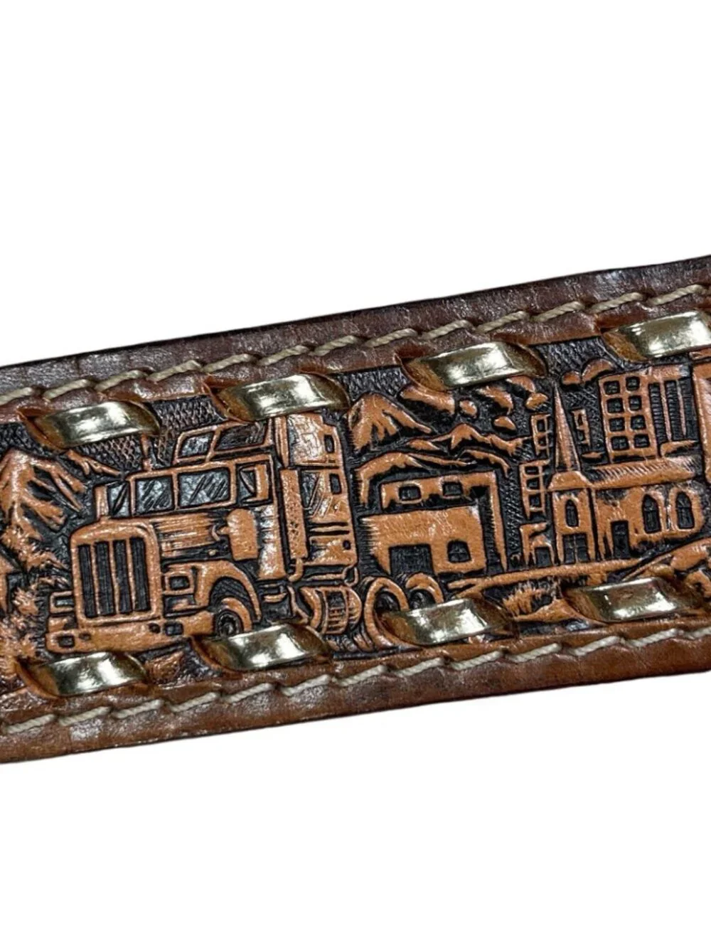 Vintage Guns Buckle Hologram Semi Trucks Leather Tooled Belt 'Bill' Size 36 - Picture 6 of 11